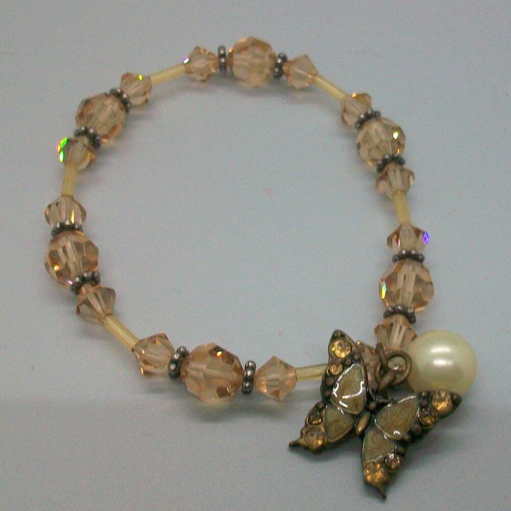 Handcrafted Crystal Bead Stretch Bracelet Pearl and Enamel Butterfly Charms 7.5"